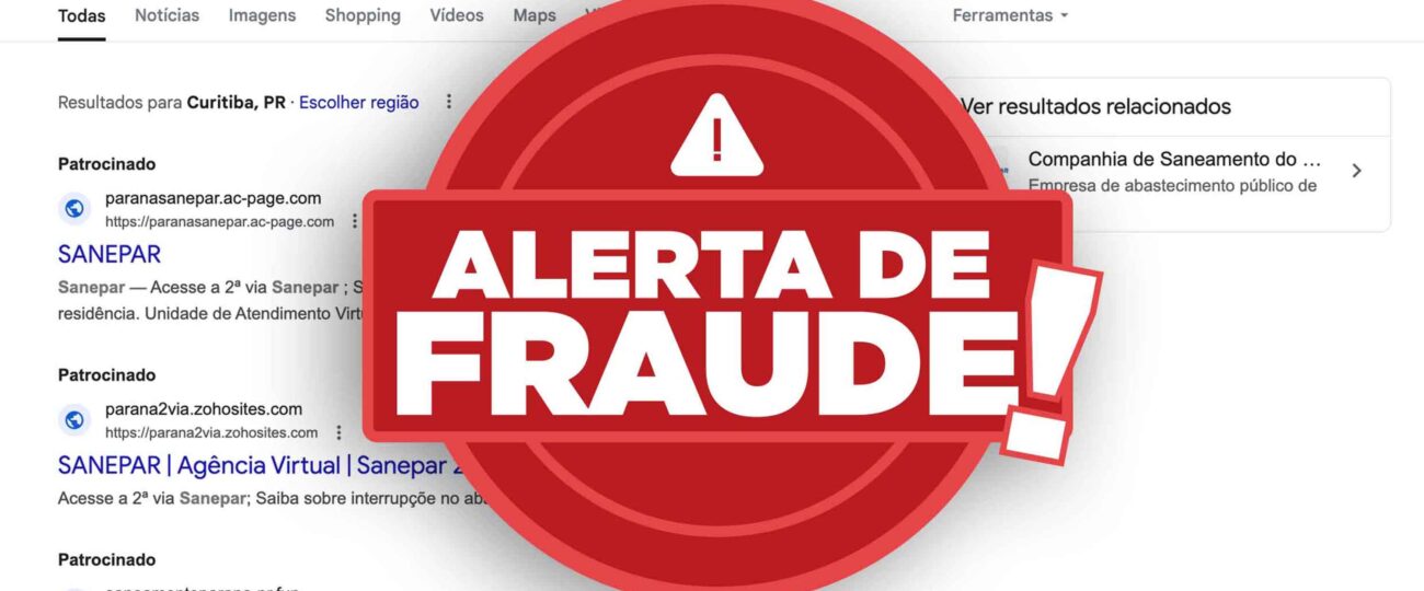 Pagamento da fatura: Sanepar alerta para golpes com o uso de sites falsos